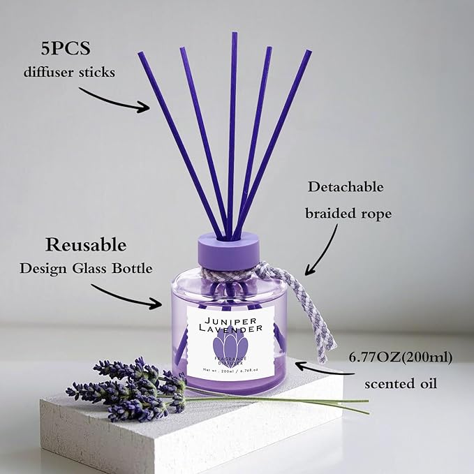 Juniper Lavender Reed Diffuser, 6.77OZ/200ML Large Capacity Natural Non-Toxic Oil, Long-Lasting Fragrance Reed Diffusers Set for Home and Bathroom, Aroma with 5 Reed Diffuser Sticks Gifts