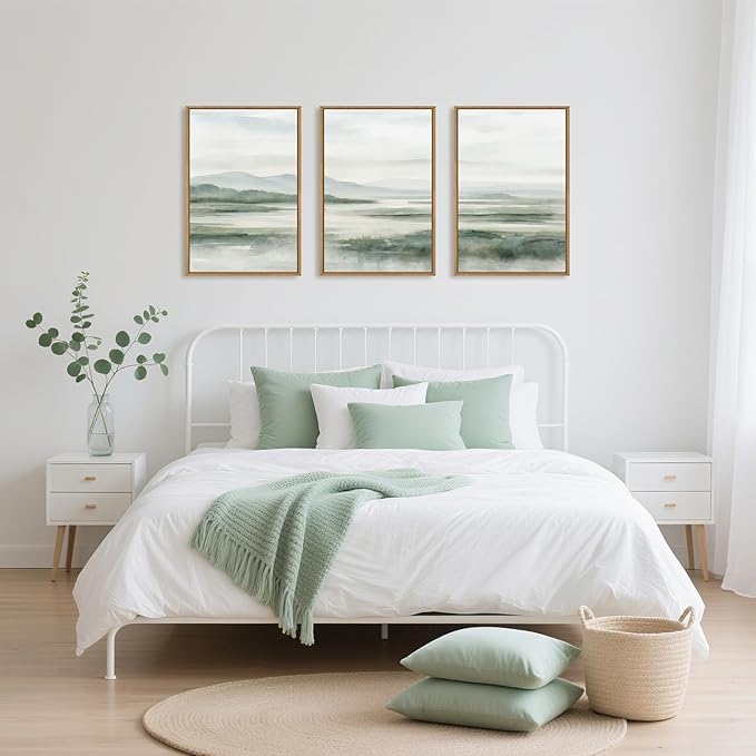 HOURIA Large Watercolor Misty Green Mountain Framed Canvas Wall Art,Neutral Brush Stroke Wall Decor,Modern Landscape Artwork,Nature Minimalist Art Print for Living Room,Bedroom,Office-16 x24 x3