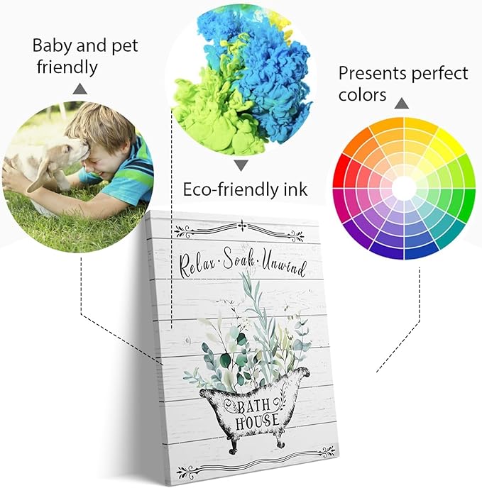 Floral Canvas Wall Art, Flowers Leaves Wall Decor, Rustic Wood Backdrop Bathroom Decor For Vintage Farmhouse Framed Canvas Artwork Ready to Hang 12x16inch