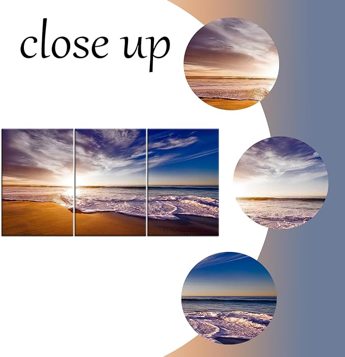 Beach Landscape Canvas Poster Wall Art Home Decor Summer Sunset 3 Pieces Picture Print Seascape Painting Artwork for Bedroom Dining Room Office Wall Decoration Stretched and Framed [48''W X 24''H]