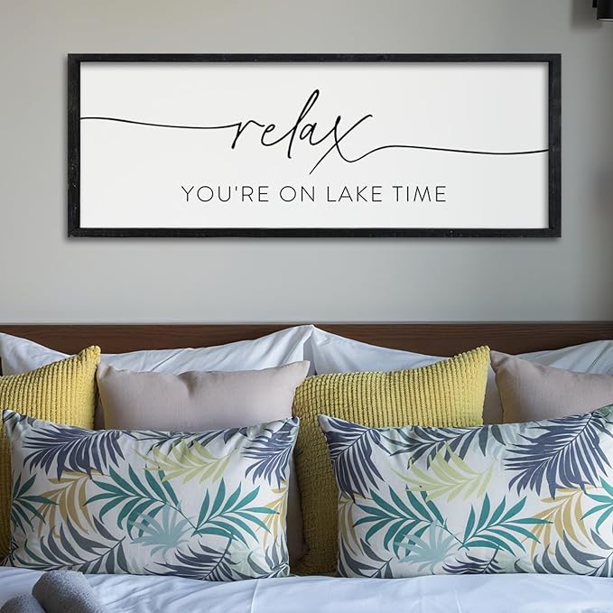 Surfapans Lake House Wall Decor Relax You're On Lake Time Sign 32"×12" for Bedroom Above Over Bed Lakeside Retreat Living Room Minimalist Large Wood Framed Horizontal Wall Hanging Art (Black)