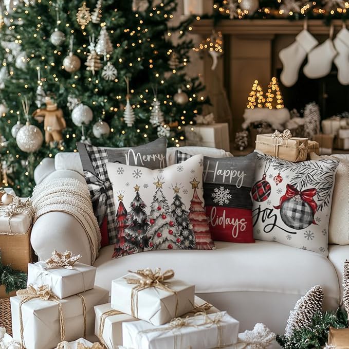 GEEORY Christmas Throw Pillow Covers 18 x 18 Inch Set of 4, Xmas Trees Merry and Bright Happy Holidays Farmhouse Decorative Cushion Cases for Home Decoration G418N-18