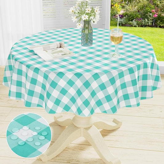 misaya Round Waterproof Vinyl Table Cloth, Buffalo Flannel Backed Tablecloth, Wipeable Plastic Table Cover for Dinner, Kitchen, Picnic (60", Teal and White)