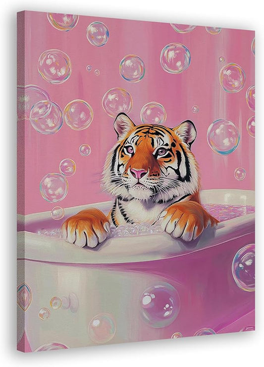 FITIE Trendy Bathing Tiger Bathroom Canvas Wall Art Poster, Pink Aesthetic Bubbles Tiger Framed Artwork Prints Wall Decor for Bathroom Half Bath Washroom, 11x14 Inch