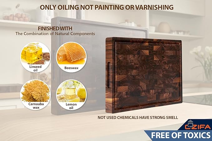 American Black Walnut Wood Cutting Board 20"x15"x2"(Large and Thick) for Kitchen with Juice Groove, Inner Handles, End Grain Butcher Block Finished with Linseed Oil, Beeswax, Lemon Oil, Giftbox