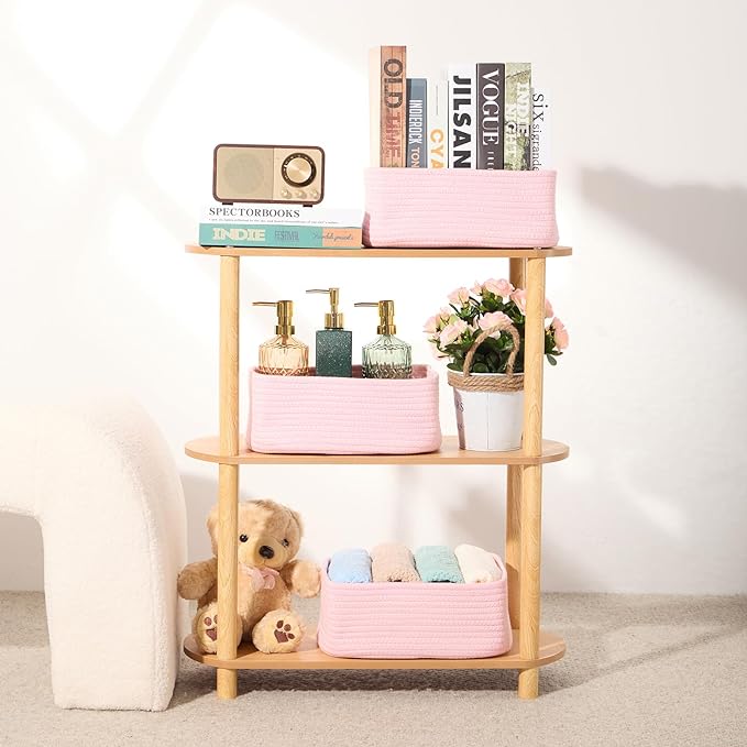 Small Storage Baskets for Organizing | Closet Organizer Bins | Shelf Toy Basket | Woven Rope Baskets | Cube Decorative Box | Shallow Basket | 11.5x7.5x4.7” | 3 Packs Pink