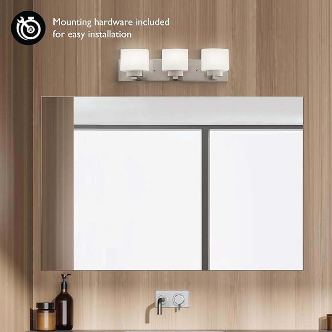 Design House Dove Creek Vanity Light, Dimmable, Frosted Glass, 3 Lights, Bathroom, Satin Nickel, 24 in x 6 in x 6.5 in, Item 578005