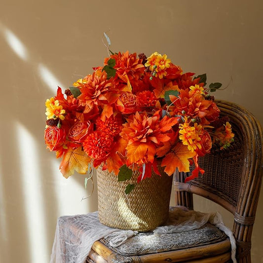 Anna's Whimsy 2 Pcs Fall Artificial Flowers,Artificial Plants Indoor, Fall Decor Silk Flowers Bouquet for Home Wedding Thanksgiving Decoration (Orange, 2)