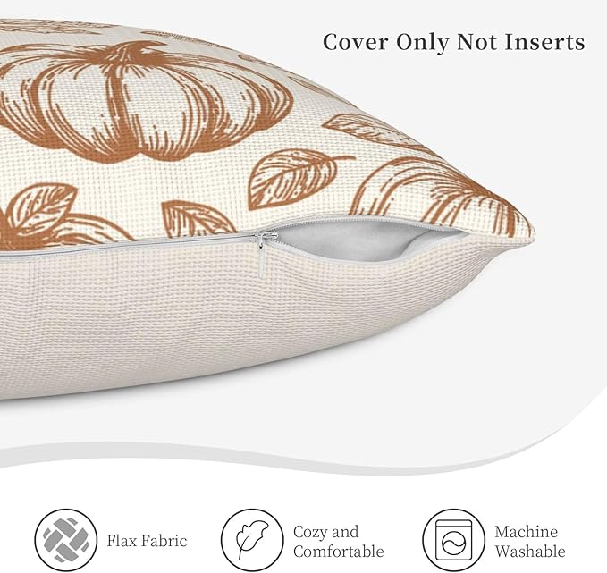 Fall Pumpkin Pillow Covers 18x18 inch Set of 2, Linen Autumn Outdoor Thanksgiving Harvest Fallen Leaves Rustic Farmhouse Decorations for Sofa Couch