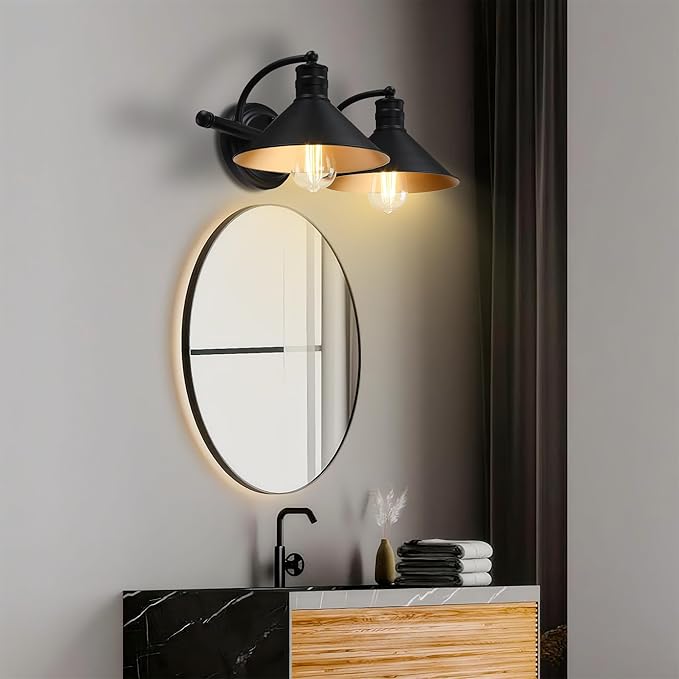 2 Light Bathroom Vanity Light Over Mirror - Black and Gold Farmhouse Wall Light for Bathroom Vanity Powder Room, Rustic Gooseneck Barn Style 2 Bulb Wall Sconce Over Kitchen Sink