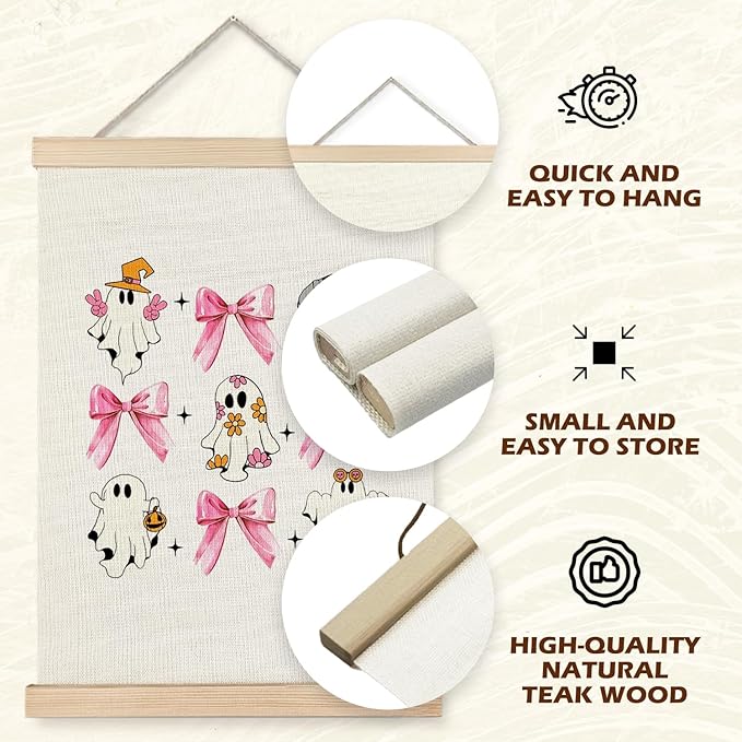 Supwhd Cute Halloween Ghosts Wall Art with Wooden Poster Hanger, Trendy Preppy Pink Bow Coquette Wall Decor, Coquette Preppy Room Decor, Halloween Pictures Wall Decor, 12x16
