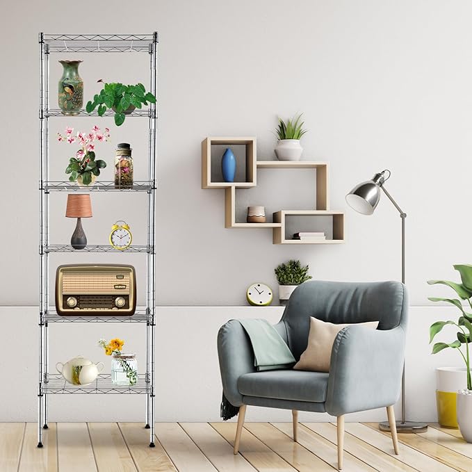 PayLessHere | 6-Tier Wire Shelf | 17"x12"x64" | Chrome | Adjustable Racks | Heavy-Duty Storage Shelves, Holds Upto 600 lbs | Rust-Resistant, No-Tool Assembly | for Home, Garage Shelving
