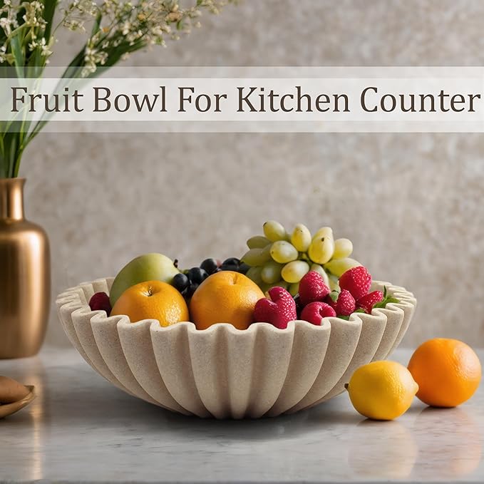 Ruffle Decorative Bowl, Large Fruit Bowl for Kitchen Counter, Stylish Key Bowl for Entry Table, Handcrafted Home Decor Display bowl, Artificial Stone Beige