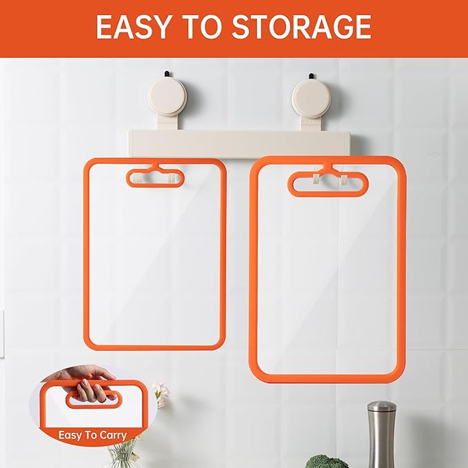 Glass Cutting Board for Kitchen, 2Pcs Tempered Glass Chopping Board with Non-Slip Edges, Dishwasher Safe Clear Cutting Board Set for Countertop, Heat & Shatter Resistant, 15"×11" (Orange)