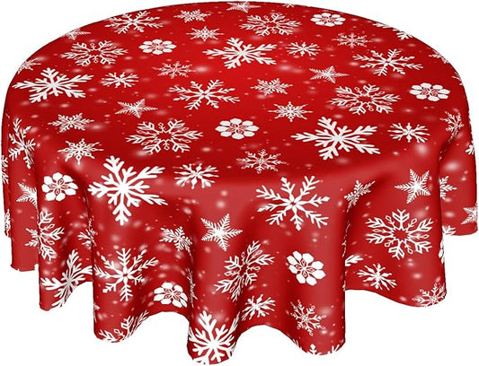 Merry Christmas Round Tablecloth 60 Inch Winter Red White Snowflakes Round Tablecloth for Christmas Washable Xmas Table Cloth for Home Kitchen Dining Room Patio Picnic Party Indoor Outdoor Decor
