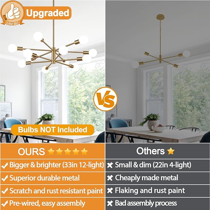 Sputnik Chandeliers Dining Room Light Fixture (12-Light, 33-Inch), Modern Brass Chandelier, Height Adjustable Mid Century Modern Chandeliers for Dining Room Kitchen Bedroom (Bulbs not Included)