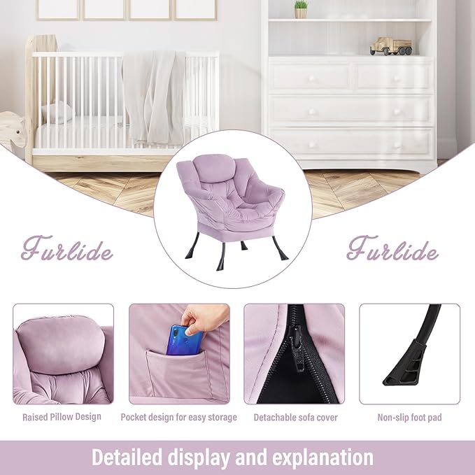 Lazy Chair with Ottoman, Modern Chair with Folding Footrest, Lounge Accent Chair, Comfortable Reading Chair (Velvet Light Purple)