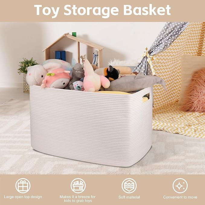 OIAHOMY 118L XXXLarge Cotton Rope Storage Basket, Oversized Blanket Basket, Used for Organizing Dirty Clothes in Living Room, Bedroom, Nursery, Dog Toy Storage Bins, 25" x 17" x 16",White