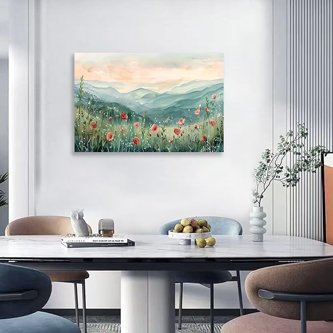 Tucai Decor Floral Landscape Canvas Wall Art 32 x 48 inches Poppies in Mountain Valley Home Decor Art Prints for Living Room Bedroom Office Ready to Hang