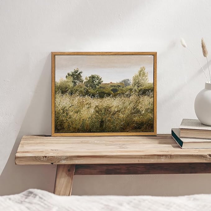 KBKBART Framed Canvas Wall Art, Vintage Meadow Landscape Wall Art Prints, Retro Country Wildflower Field Farmhouse Wall Decor Ready To Hang for Bedroom, Bathroom, Living Room, Kitchen, Vintage Room