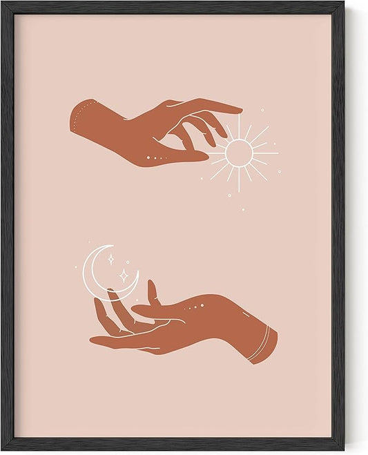 HAUS AND HUES Sun and Moon Art Astrology Posters - Spiritual Wall Art and Celestial Hands Top and Bottom Hands Room Decor Posters Spiritual Boho Prints (Black Frame, 12x16)