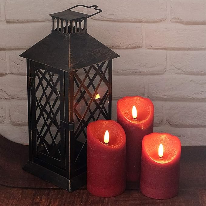 Eldnacele Red Wax Flameless Flickering Candles with 6H Timer, 3D Wick Realistic Battery Operated Pillar LED Candles Set of 3 for Easter Home Wedding Party Christmas Decoration (D3” x H4”5”6”)