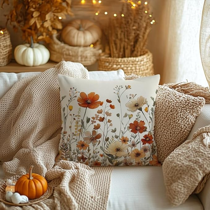 AACORS Fall Pillow Cover 18x18 Inch Floral Decoration Pillow Case Autumn Seasonal Decor for Home Sofa Couch AA730-18