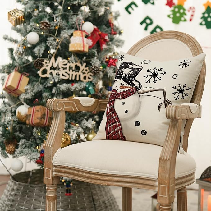 AVOIN colorlife Merry Christmas Snowman Let It Snow Black Throw Pillow Covers, 16 x 16 Inch Xmas Tree Winter Holiday Cushion Case Decoration for Sofa Couch Set of 4