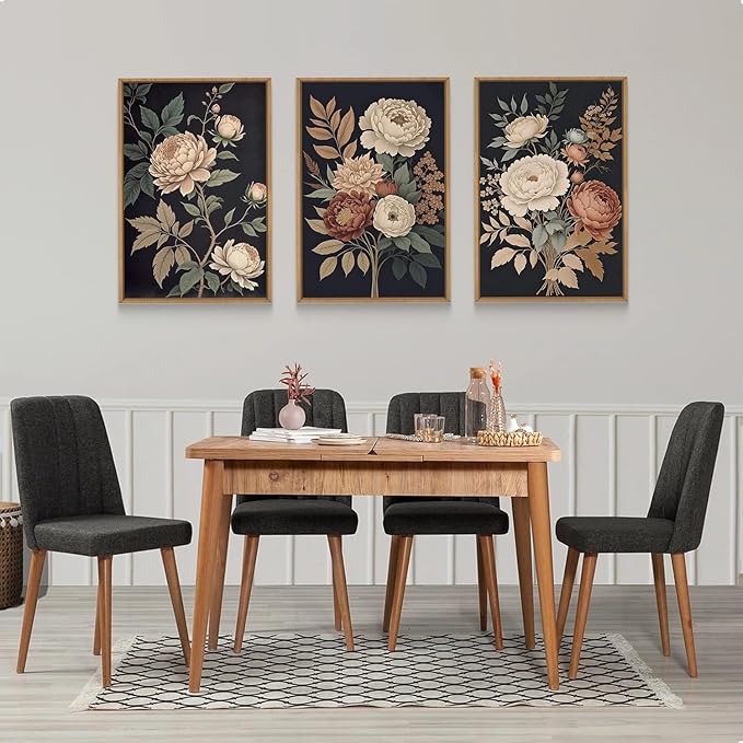 HOURIA Large Moody Dark Flower Framed Canvas Wall Art,Retro Beige Red Peony Wall Decor,Vintage Textured Blossom Botanical Artwork,Natural Wildflower Art Print for Living Room,Bedroom,Office-24 x36 x3