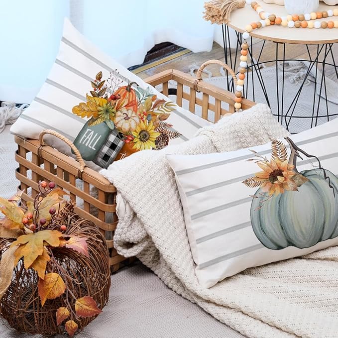 AACORS Fall Pillow Covers 12 x 20 Inch Set of 4, Pumpkin Home Sweet Home Thankful Grateful Blessed Harvest Floral Decorations Autumn Seasonal Pillow Case Decor for Sofa Couch AA275-12