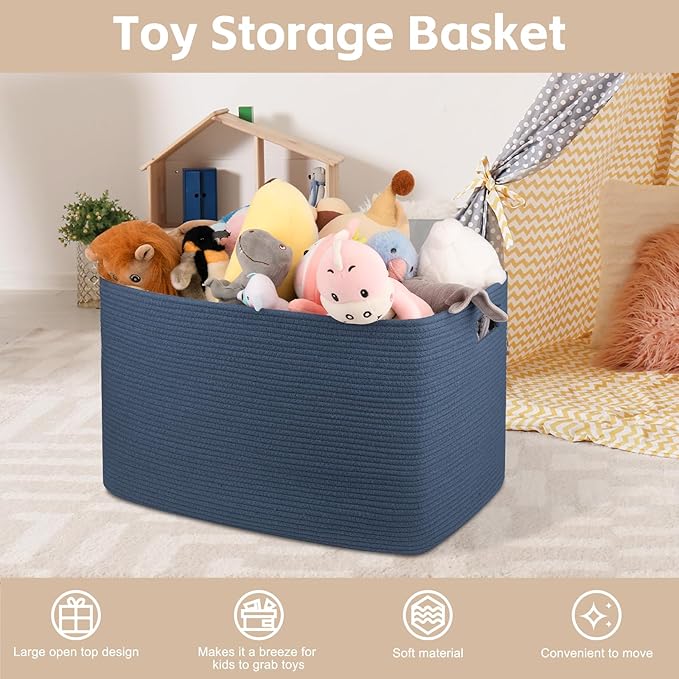 OIAHOMY 118L XXXLarge Cotton Rope Storage Basket, Oversized Blanket Basket, Used for Organizing Dirty Clothes in Living Room, Bedroom, Nursery, Dog Toy Storage Bins, 25" x 17" x 16",Blue