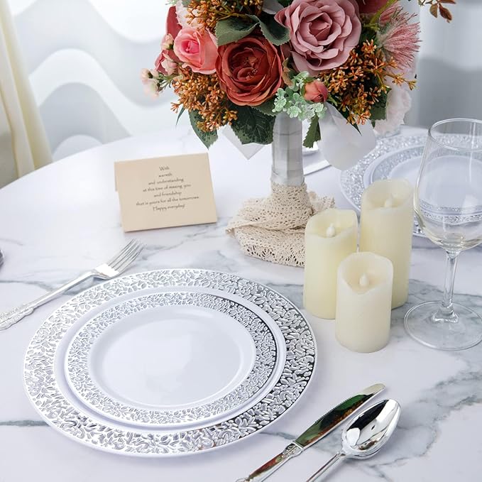 WDF 100pcs Silver Plastic Dessert Plates 7.5" with 100 Pieces Disposable Forks 7.4", Silver Plates Appetizer Plates Small Plates, Fancy Salad Plates and Cake Plates for Party/Wedding