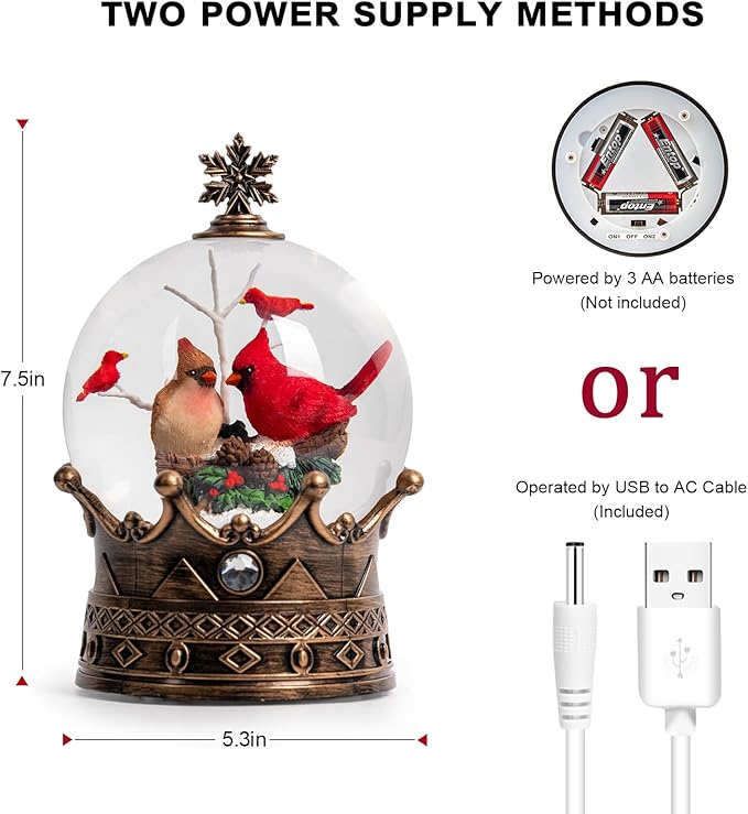 Christmas Snow Globe Lantern Water Glittering Cardinal Crown with Music, USB Lined/Battery Operated Lighted Lantern for Christmas Festival Decoration Gifts
