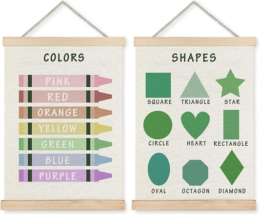 Supwhd Shapes Colors Posters for Classroom Wall, Shapes Colors Learning Poster Hanger Frame Wall Decor for Classroom Nursery Kids Room Playroom Preschool Decor, 12x16 Set of 2（Green）