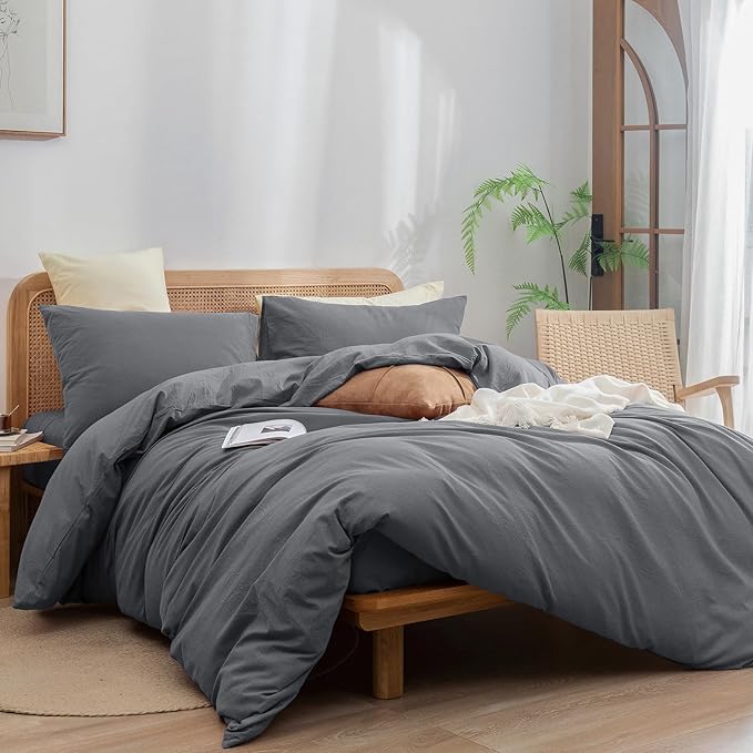 BESTOUCH Duvet Cover Set 100% Washed Cotton Linen Feel Super Soft Comfortable Chic Lightweight 3 PCs Home Bedding Set Solid Quiet Shade Grey Super King Plus