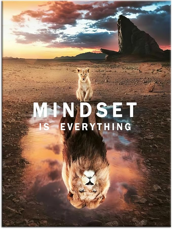 Motivational Canvas Wall Art Inspirational Poster Prints Mindset is Everything Small Cat Big Lions Picture Cute Animal Painting Framed Artwork for Home Office Decor Ready to Hang [30''W x 40''H]