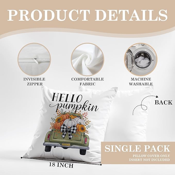 Fall Hello Pumpkin Pillow Covers 18x18, Farmhouse Country Cottage Autumn Decor, Fall Autumn Pumpkin Pickup Truck Decorative Throw Pillow Covers for Home Bedroom Living Room