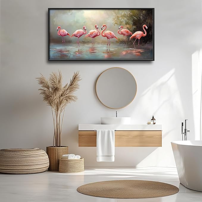 Flamingo Framed Wall Art for Living Room, Large Pink Birds Canvas Wall Decor, Animal Lake Pictures Painting, Modern Artwork for Bathroom Bedroom 60L'' × 30W''