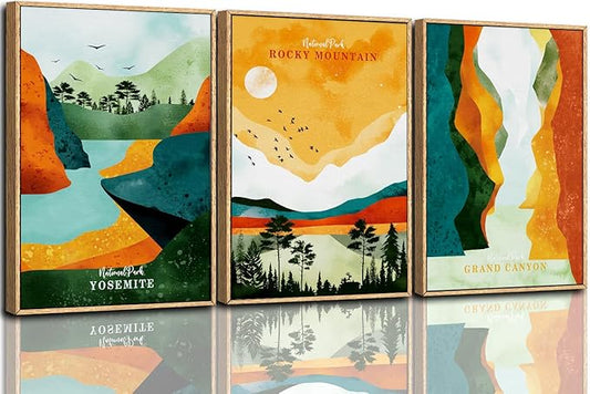 CHDITB National Park Framed Canvas Wall Art Set, Grand Canyon Yosemite Rocky Mountain Wall Decor, Forest Lake Wall Painting, Nature Landscape Art Prints for Living Room, Bedroom, Office - 16"x24"x3