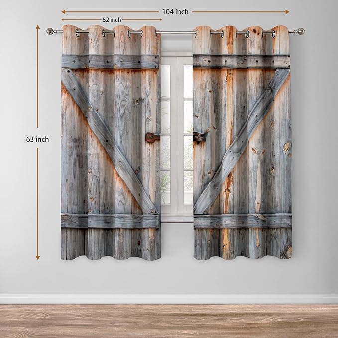 Jekeno Wood Barn Door Blackout Curtains Rustic Farmhouse Wooden Door in Retro Color Oak Board Countryside Village Rural Decor for Bedroom Living Room Grommet Window Drapes 2 Panel Set, 52"x63"