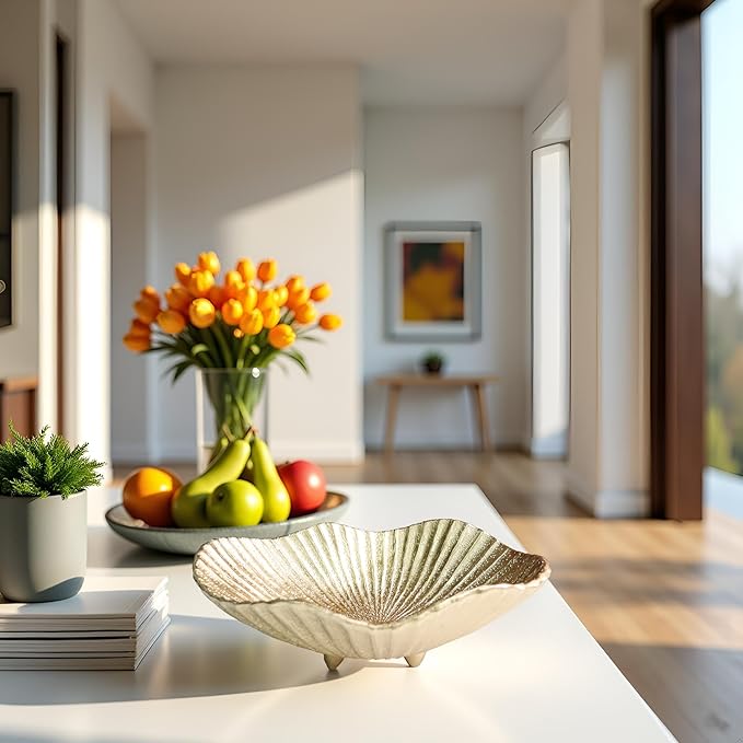 Large Decorative Bowl decor, Scalloped Pedestal Bowls,Modern Home Decor,Ruffle Decor,Stylish Key Bowl for Entry Table,Decorative Fruit Bowl for Kitchen Counter, Golden