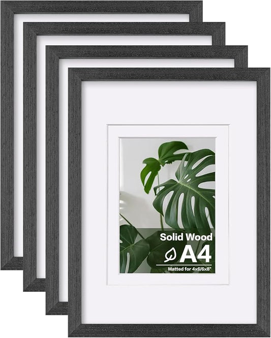 Egofine A4 Picture Frames Set of 4, Made of Solid Wood Covered by Plexiglass 4x6 and 6x8 with Mat or A4 without Mat, for Table Top Display and Wall Mounting Photo Frame Rustic Black