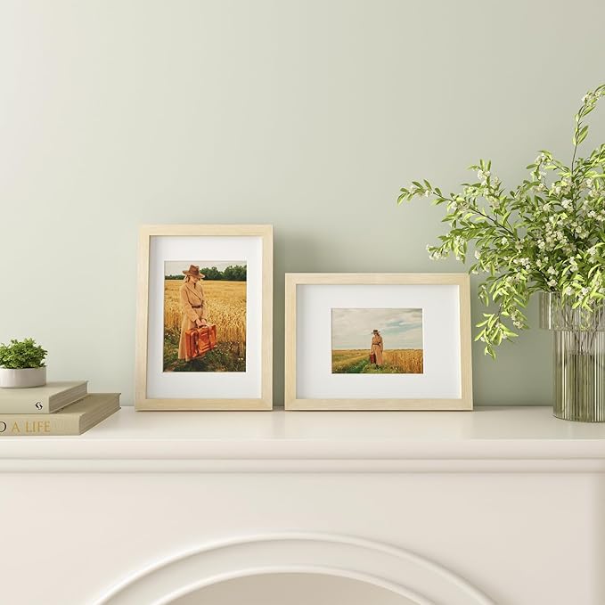 Egofine A4 Picture Frames Set of 4, Made of Solid Wood Covered by Plexiglass 4x6 and 6x8 with Mat or A4 without Mat, for Table Top Display and Wall Mounting Photo Frame Oak Wood