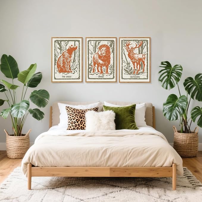 HPNIUB Cartoon Forest Animals Framed Canvas Wall Art Set, Modern Abstract Jungle Deer Bear Lion Wall Decor, Inspirational Quote Wall Painting, Boho Art Print for Preppy Room, Living Room, Bedroom - 16"x24"x3