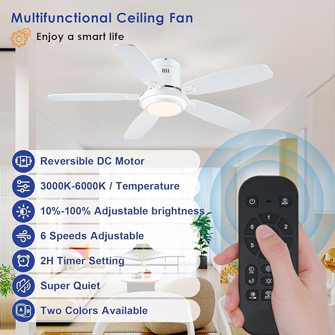 Low Profile Ceiling Fan with Lights and Remote/APP, 50 Inch Modern Flush Mount Ceiling Fan with 3CCT 6-Speeds Quiet DC Motor,Dimmable 3-Color Temperatures for Living Room Bedroom(White)