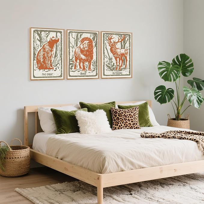 HPNIUB Cartoon Forest Animals Framed Canvas Wall Art Set, Modern Abstract Jungle Deer Bear Lion Wall Decor, Inspirational Quote Wall Painting, Boho Art Print for Preppy Room, Living Room, Bedroom - 16"x24"x3