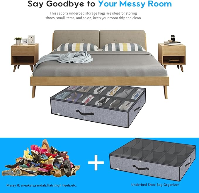 Onlyeasy Large Under Bed Shoe Organizer (6 to 12 Pairs x 2) - Underbed Shoes Closet Storage Solution with Metal Zipper and 2 Handles, Breathable, 29.3"x23.6"x5.9", Linen-like Grey, MXDUBSB2P