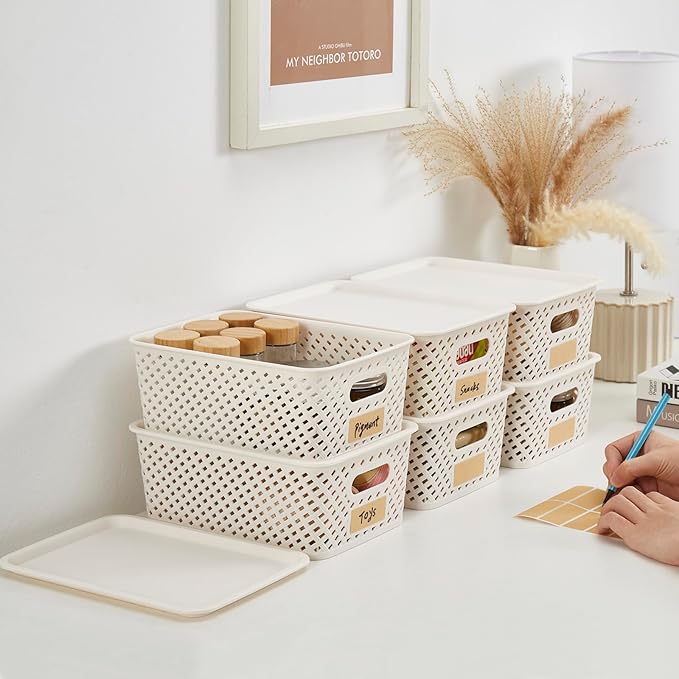 Small Plastic Twill Woven Storage Baskets with Lids, Stackable Organizing Containers with Labels for Pantry Closet Office, 6-Pack,10.35"x7.3"x4.09", White