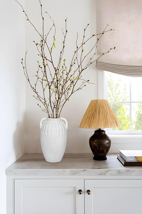 Ceramic Rustic Farmhouse Vase, 9 inch Pottery White Flower Vase with 2 Handles for Centerpieces Pampas Grass Boho Modern Rustic Farmhouse Decor for Living Room Kitchen Countertop Dinner Table Shelves