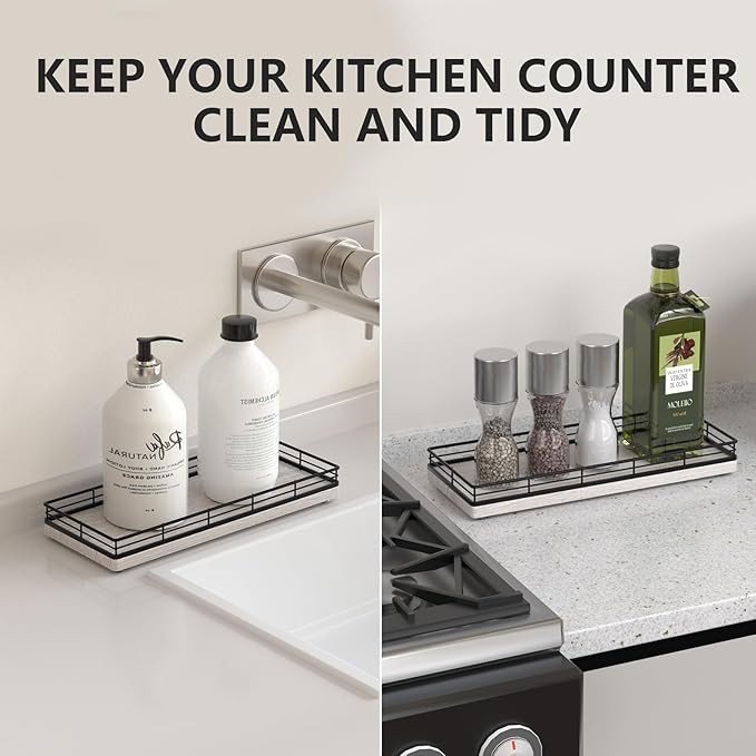 Bathroom Tray for Counter Top Organizer – Ash Wood Vanity Tray with Metal Frame for Dresser, Kitchen, Nightstand – Black & Whitewashed Decorative Storage